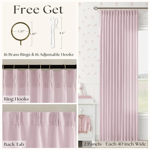Image of Light Pink Pinch Pleated Semi Sheer Curtains 84 Inch Long for Girls Bedroom | Living Room Nursery, Soft Thick Flax Linen Textured, Boho, Hook Rings Memory Shape, Dusty Pink, Light Filtering Semi Sheer