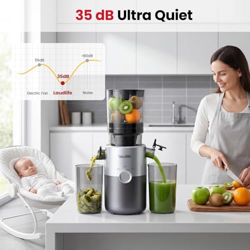 LAUDLIFE Cold Press Juicer Machines, 5.4" Wide Chute Slow Masticating Juicer, 35db Quiet Operation, Easy to Clean, Kale/Spinach Friendly, BPA Free, Juicer Extractor for Whole Fruits & Vegetables — view 5