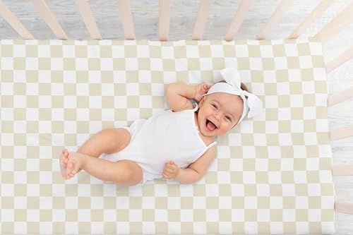 Image of Sweet Jojo Designs Fitted Baby Crib Sheets (Beige Gingham Checkered) for Boys or Girls, Infant Nursery, Toddler Room - Standard Size (Gender Neutral, Plaid, Vintage, Modern, Check, Unisex, Tan Taupe)