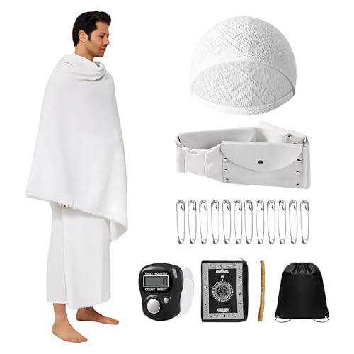 Umrah Essentials Kit – Pack of 8 | Cotton Ihram 110x220 cm,