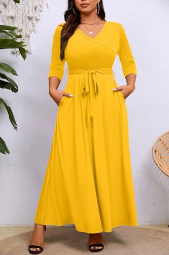 Image of Runwind Plus Size Dress for Women - 3 /4 Sleeve V Neck Maxi Dresses for Women (XL-6XL)