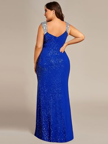 Image of Ever-Pretty Women's Glitter V Neck Sleeveless Plus Size Formal Dresses High Split Bodycon Prom Dress Evening Gowns