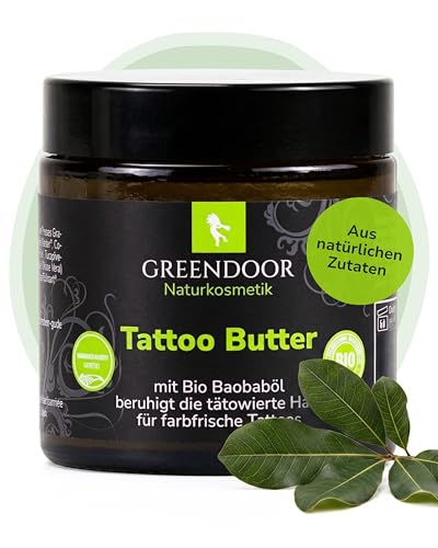 GREENDOOR Tattoo Butter 120 ml I Parfumfreie Pflege für farbige & einfarbige Tattoos sowie trockene Haut I Vegane Naturkosmetik ohne Mineralöl Silikone & Parabene I Dermatologisch getestet