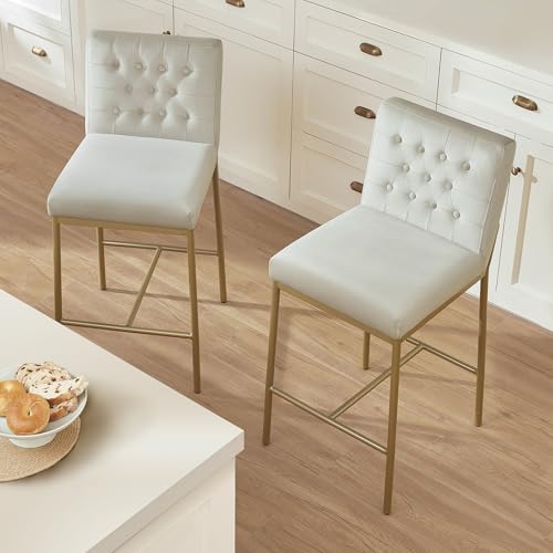Image of CHITA Modern Bar Stools with Tufted Back Set of 2, 26 inch Counter Height Bar Stool with Metal Legs for Kitchen Island & Dining Room, Ivory Fabric, Gold Frame