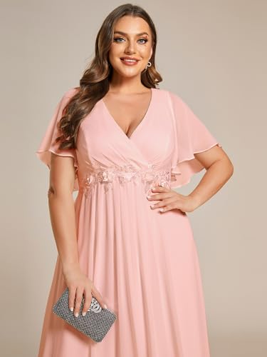 Image of Ever-Pretty Short Sleeves V Neck Plus Size Formal Dresses for Curvy Women Chiffon Mother of The Bride Dress Evening Gowns
