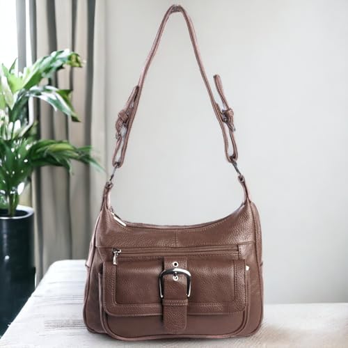 SILVERFEVER Women's Hobo Leather Handbag with 2 Entry, Buckled Front Pocket2