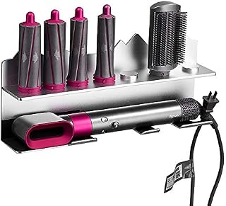 Kyrio Wall Mount Hair Dryer Holder for Dyson Hairdryer Airwrap Styler Hair Curler and 7 Curls Barrels Curling Kit Organizer Rack Wall Bracket Stand with Bathroom Storage Organizer Silver