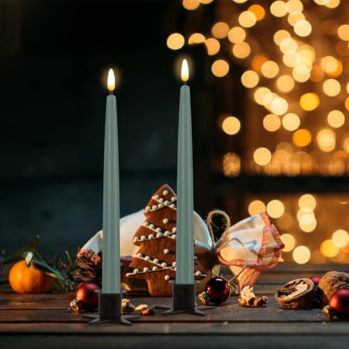 Image of CVHOMEDECO. Flameless Taper Candles with 10-Key Remote, Battery Operated Led Flickering 3D Wick Window Candles Real Wax Finished Home Christmas Party Decor 0.78 x 11 Inch, Pack of 2, Grey Green