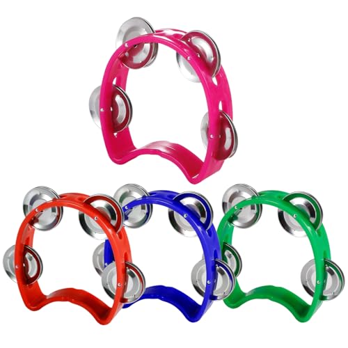 Pack of 4 Half Moon Musical Tambourine, Double Row Metal 4 Jingle Bells Mini Hand Held Percussion...