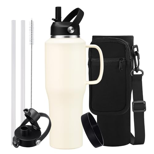 Image of Insulated Water Bottle 32 OZ - with Straw & Pop-up Spout Lid, Keep Cold-48H Hot-12H, Stainless-Steel with handle for Women Men, Metal Flask Water Bottle Fits in Cup Holder