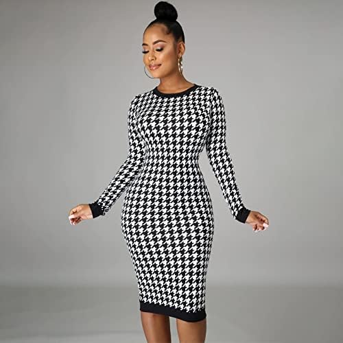 Suillty Women's Houndstooth Print Long Sleeve Midi Dress Hollow Out Bodycon Dress Party Club Dresses - Image 4