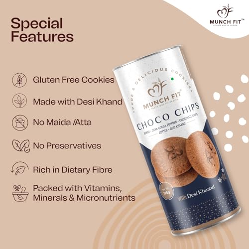 Image of Munch Fit Millet Choco Chip Cookies, Egg Less Cookies Made with Desi Khand 125gm Pack of 4 | Healthy, Tasty & Crunchy Jowar Choco Chip for Kids & Adults | Protein Rich No Maida, No Added Sugar
