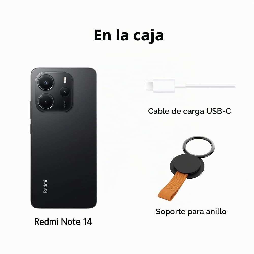 Xiaomi Teléfono Inteligente Redmi Note 14, 8+256GB, Negro, Sistema de cámara AI de 108 MP, batería de 5500 mAh, Pantalla de Cuidado Ocular de 120 Hz, Funciones de IA (no Incluye Cargador)