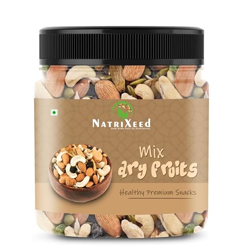 Image of NatriXeed Mix Dry Fruit 1kg | Healthy Mixed Dry Fruit Almonds, Black Raisins, Cashew Nuts, Yellow Dates and Many More | High Energy Dry Nut Snacks 1000gm | Festive Gift | Jar Pack 1000g