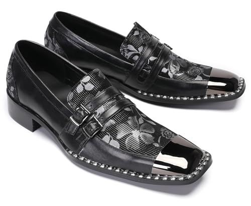 Santimon Men's Dress Wedding Penny Loafers - Leather Western Shoes Slip-Ons with Buckles & Metal Square Toe for Disco & Party3