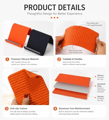 Image of Flexible Silicone Phone Stand, Multi-Angle Adjustable Cell Phone Holder, Portable Phone Stand for Desk, Compatible with iPhone, iPad, Tablet, Laptop, for Home, Office, Gaming (Orange)