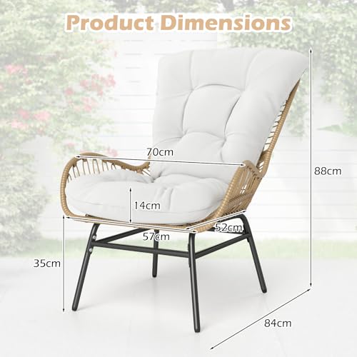 COSTWAY PE Rattan Garden Chair, Outdoor Armchair Wicker Lounge Chairs with Soft Cushion, Heavy Duty Metal Frame Patio Dining Chair for Backyard, Porch, Balcony & Living Room (Off White) - Image 2