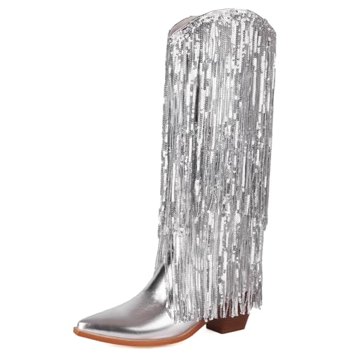 Roimaash Fashion Fringe Cowboy Boots Ankle High for Women