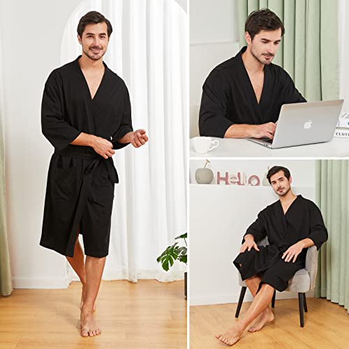 FashGudim 100% Cotton Knit Robe for Men Lightweight Summer Robes Thin Kimono Bathrobes Knee Length4