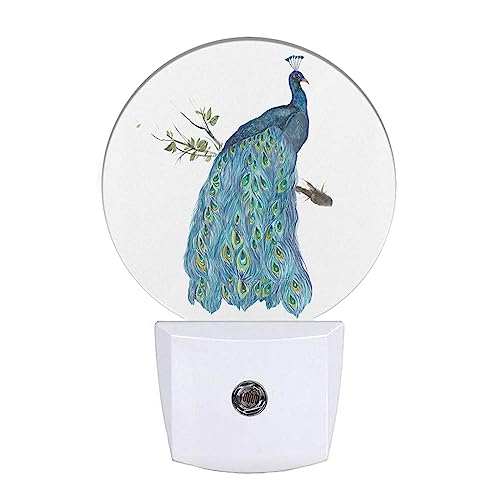 Image of EKOBLA Peacock Night Light, Watercolor Peacock Feather Teal Night Lights Plug Into Wall with Auto Sensor, 0.5W Sleep Friendly