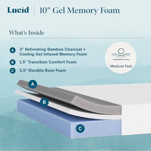 Image of Lucid 10 inch Medium Gel Memory Foam Mattress - Bamboo Charcoal & Cooling Gel - Fiberglass Free - Bed in a Box - CertiPUR-US Certified - Queen Size