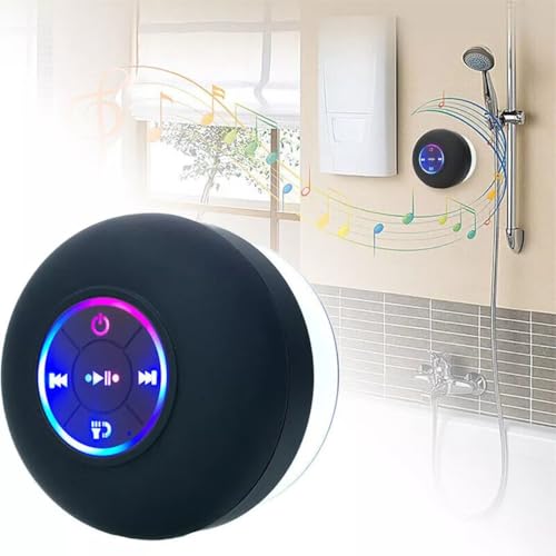 BAAQII Altavoz Bluetooth inalámbrico portátil LED impermeable para ducha y baño, IPX4 con ventosa, cable USB C