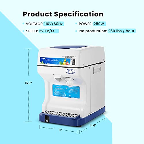 VIVOHOME Electric Ice Crusher Shaver Snow Cone Maker Machine 265lbs/hr for Home and Commercial Use Blue