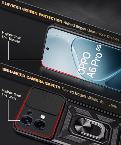 Image of WOW IMAGINE Tough Armor Bumper Mobile Back Case for Oppo A6 Pro 5G | Sliding Camera Cover | Shock Proof 360 Protection | Hybrid PC + TPU | Ring Holder with Kickstand - Black