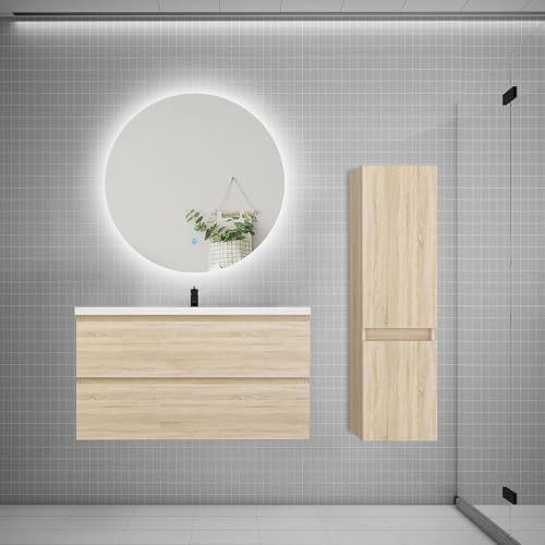AICA Ensemble Meuble Salle de Bain Simple Vasque 100cm avec lavabo + Colonne + Miroir Rond,chêne
