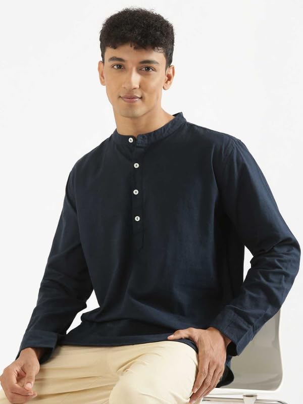 Image of SAADAA Men's Short Kurta - Linen Cotton Blend, Airy Fabric, Regular Fit, Mandarin Collar, Solid Color - Casual, Festive & Ethnic Wear