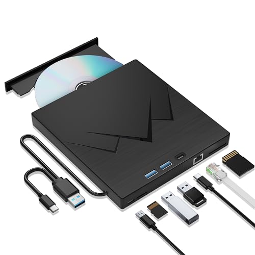7 in 1 External CD/DVD Drive For Laptop With LAN PORT, Portable DVD Player For Laptop With Ethernet Adapter SD/TF Port , External DVD Drive With USB 3.0/Type C, CD Drive USB For PC Windows Linux