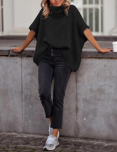 Image of Ynhonra Womens Turtleneck Sweater Oversized Chunky Batwing Sleeve Short Tops | Dolman Pullover