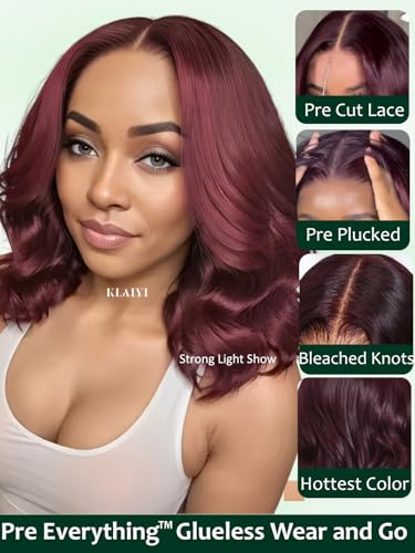 Image of KLAIYI Black Cherry Bob Loose Body Wave Precut 7x5 HD Lace Front Wigs Human Hair Glueless Bye Bye Knots Drawstring Red Burgundy Wig with Curtian Bang Pre Plucked Bleached Ready to Put On And Go 14Inch