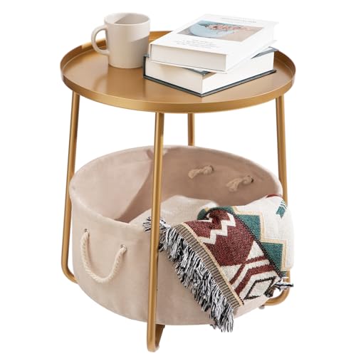 Image of Danpinera Gold Side Table With Fabric Storage Basket - Small Round Metal Table for Nursery, Living Room, Bedroom, Bathroom