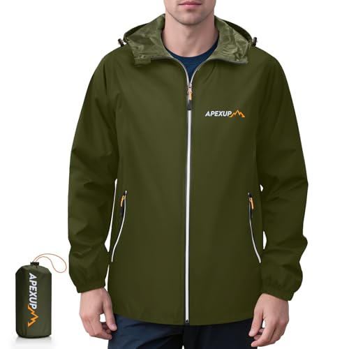 APEXUP Packable Rain Jacket Men with Reflective Zipper, Lightweight Waterproof Raincoat, Mens Rain Jacket for Outdoor Sports Olive Large