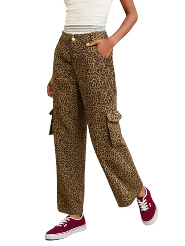 Leopard Barrel Baggy Jeans for Women High Waisted Wide Leg Jeans Cheetah Cargo Y2k Printed Pants with 6 Pockets