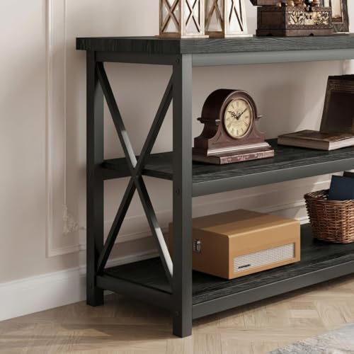 Image of 3-Tier Entryway Console Table | Modern Farmhouse Sofa Table with Open Storage Shelves | X-Frame Accent Hallway Table for Living Room Foyer & Entryway Organization | Black | 120x30x80 cm