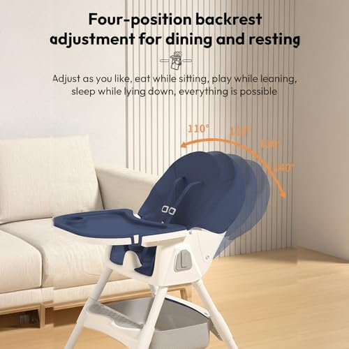 Image of StarAndDaisy High Chair for Baby 6 Months to 5 Years /Adjustable Height Feeding Chair with 4 Reclining Seat Positions, Double Food Tray, Foldable Design & Wheels /High Chair for Baby (Blue)