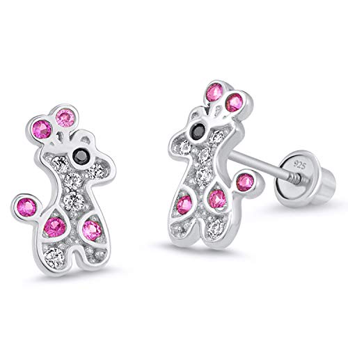 925 Sterling Silver Rhodium Plated Giraffe Cubic Zirconia Screwback Baby Girls Earrings