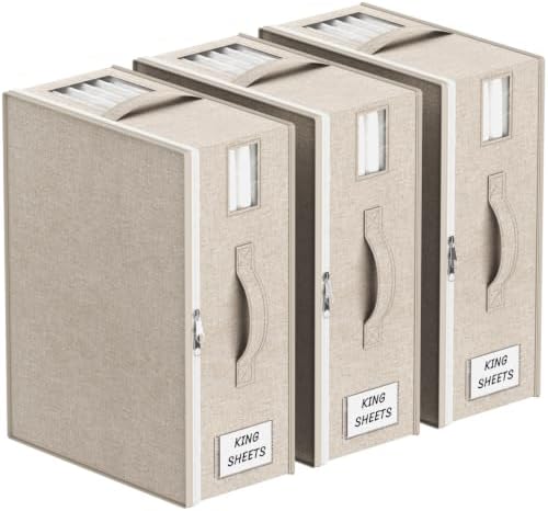 Lifewit 3 Stück Faltbarer Aufbewahrungstasche, Bettwäsche Organizer, Beige | Aufbewahrungsbox mit 2 Sichtfenstern und 1 Etikett, Unterbettkommoden für Bettwäsche, Kleidung, Decken,