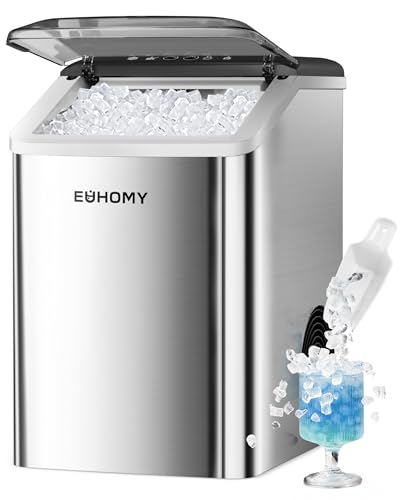 EUHOMY Nugget Ice Maker Countertop, Max 40lbs/Day, Auto-Cleaning, 2Qt Reservoir, Compact Sonic Ice Maker with 2.5lbs Basket and Scoop, Soft Chewable Nugget Ice for Home/Party/RV/Camping (Stainless)