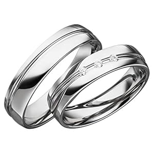 JC Trauringe 925 sterling zilver prijs per paar I trouwringen met gratis gravure I partnerringen 5 mm breed incl. etui I damesring met zirkoniastenen I maat 48 tot 72 I S052, Zilver, Zirkonia