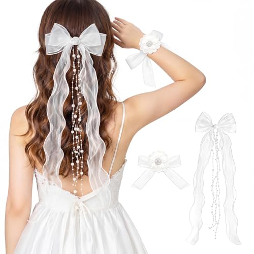 Kommunion Haarschmuck Mädchen Weiße Schleife mit Organza-Bändern und Perlen Kopfschmuck Erstkommunion Blumenmädchen Haarband zur Taufe Firmung Konfirmation Hochzeit Geburtstag Festtag (Weiß)