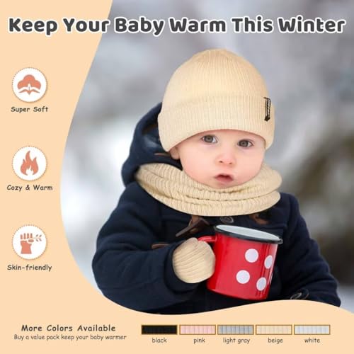 Baby Beanie Mittens Scarf Set Girls Boys, Toddler Winter Hat and Gloves Neck Warmer Set Knit Warm with Fleece Lining2