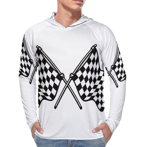 Mens UPF 50+ Sun Protection Hoodie Rash Guard Long Sleeve Sun Shirt Hiking Checkered Flags Race Flag Fishing Hoodie-4