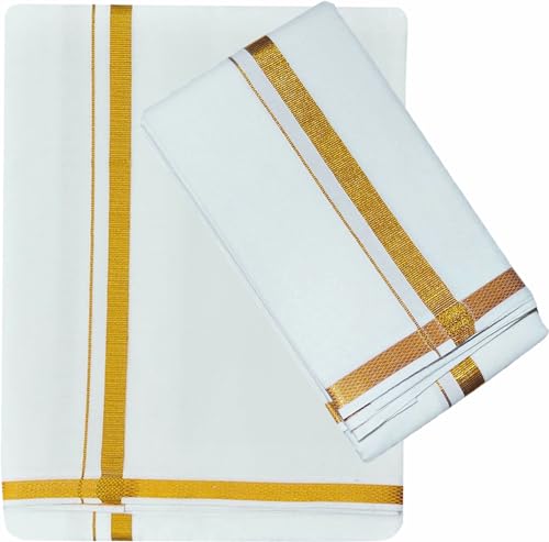Image of PRAKASAM COTTON - Jari Border Cotton Blended Dhoti For mens & Matching Jari Border Towel (Angavastaram)