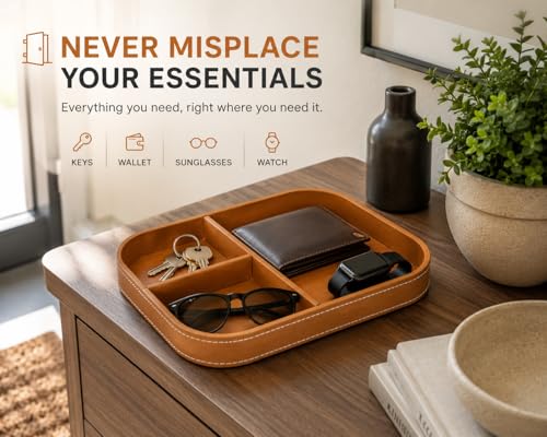 Image of Valet Tray Organizer, Premium Vegan Leather, Multi-Compartment Design, Versatile Desk & Dresser Tray, Tan, 10 x 8 x 1.5 in