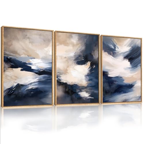 HLNIUC Blue Beige Abstract Wall Art Set of 3(24x36), Navy Brush Stroke Modern Art Decor, Earth Tone Minimalist Shape Framed Painting, Rust Dusty Neutral Prints for Living Room, Bedroom, Office