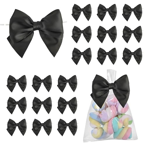 LiBongTa 4 Inch Black Gift Bow Satin Ribbon Bows for Crafts, Pre-Tied Bows, Twist Tie Bow for Treat Bags, Premade Decorative Bow, Wrapping Bows for Presents, Wedding, Baby Shower-24 Counts