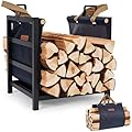 Zettfuly Firewood Rack Indoor Outdoor with Firewood Carrier, Fireplace Wood Log Holder Heavy Duty Metal, Indooor Firewood Holder for Fireplace Wood Storage, 16 inch, Navy